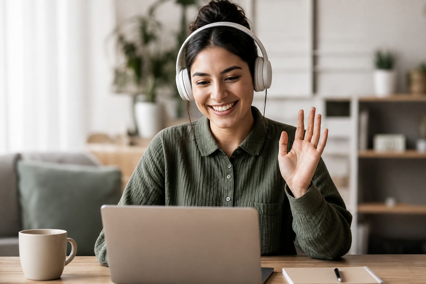 A candidate with headphones answering a Hirefly screening question