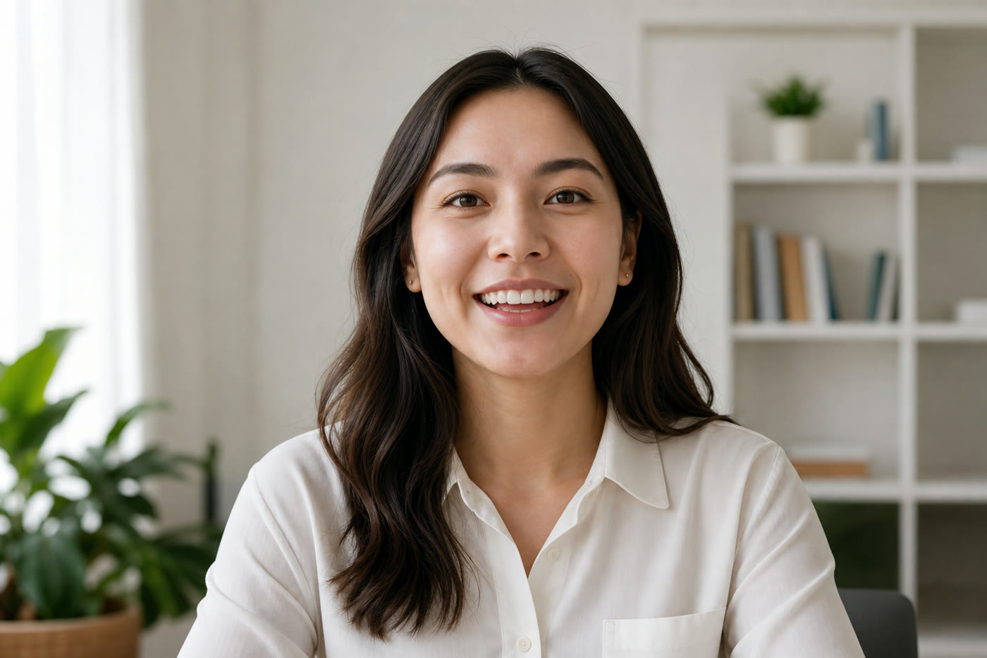 A candidate taking her Hirefly AI screening interview from home, smiling at the camera