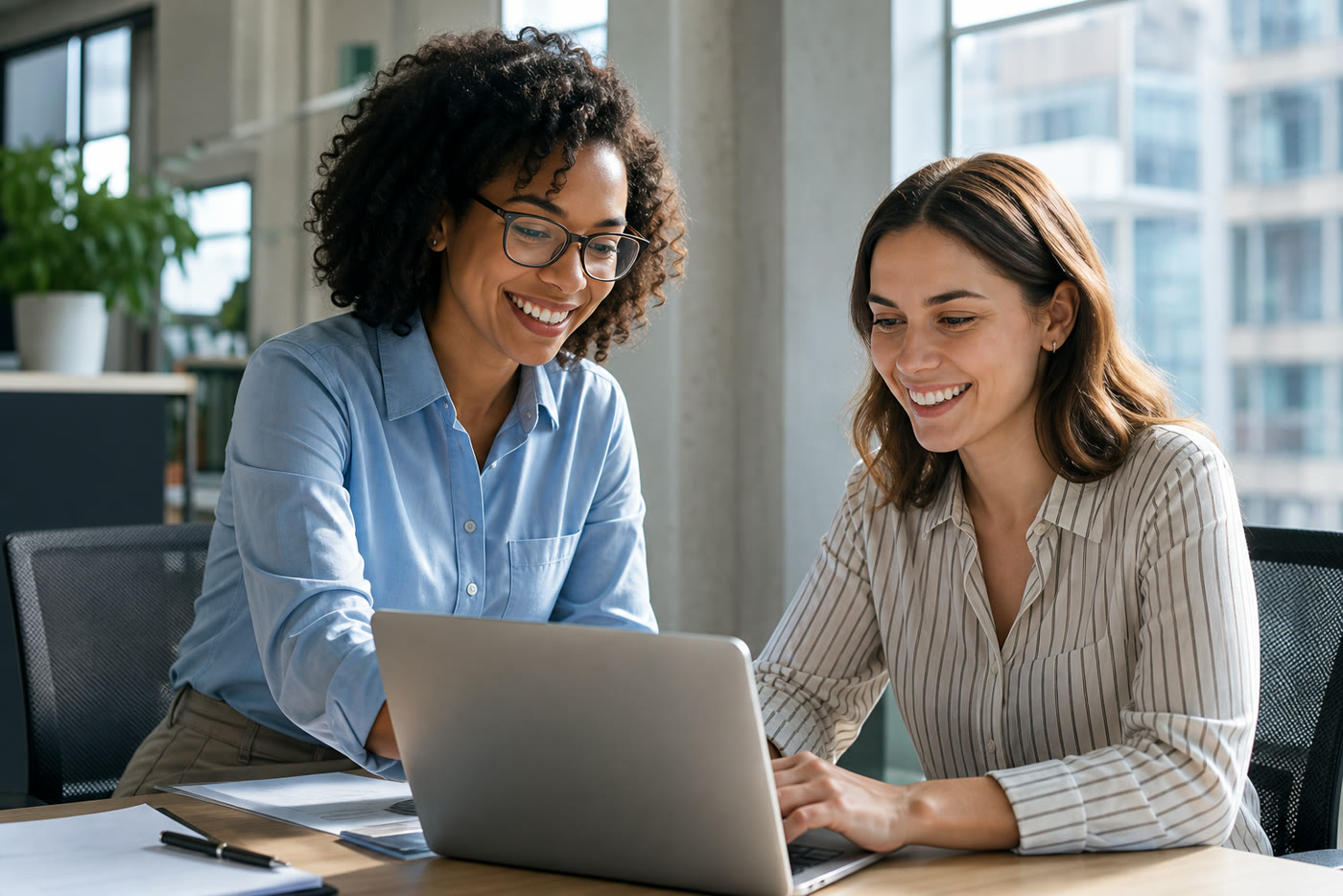 Two recruiters reviewing a ranked shortlist together on a laptop